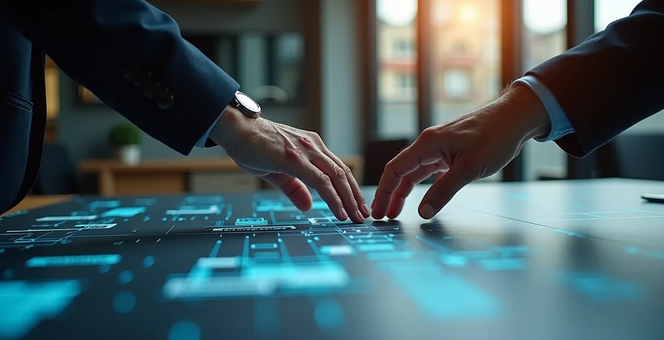 Giovane professionista insegna tecnologia digitale a collega senior in ufficio moderno