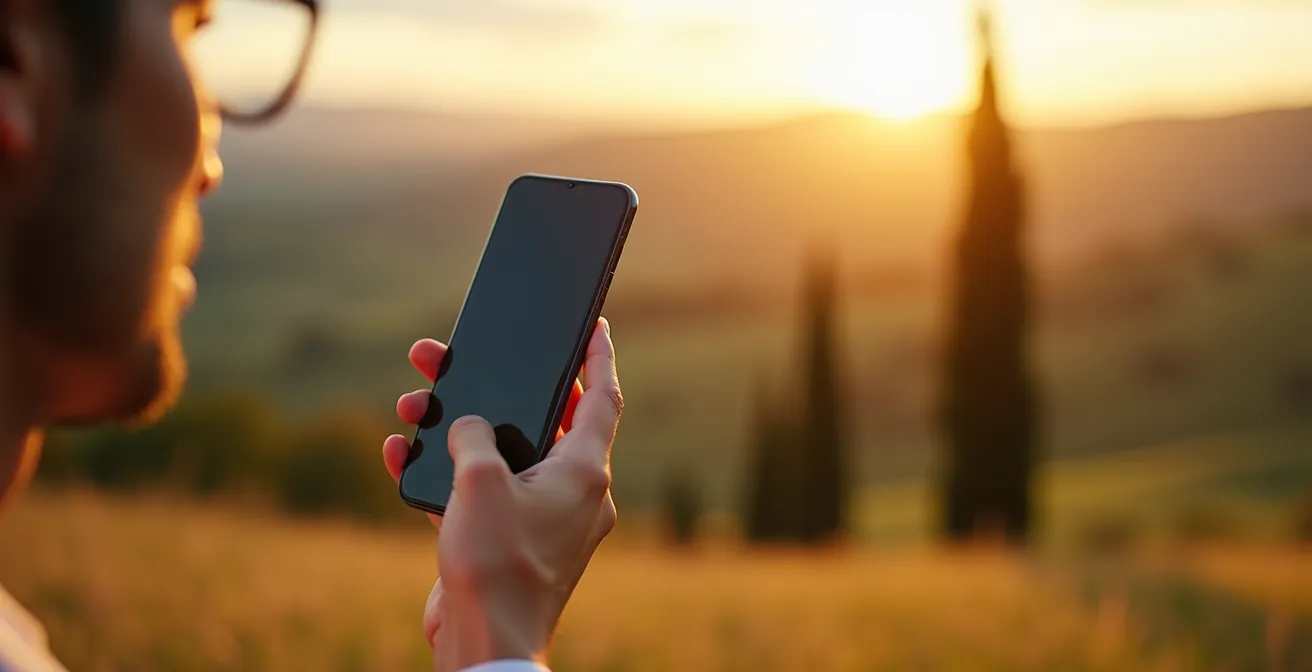 Mano che tiene uno smartphone con una vista sfocata di colline toscane al tramonto sullo sfondo