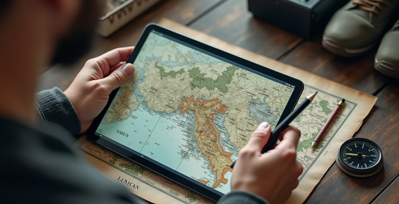 Fotografo che studia una mappa topografica con tablet sullo sfondo