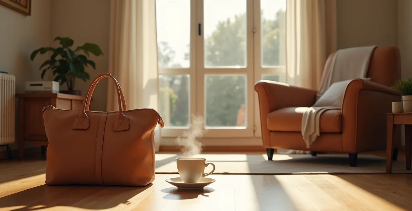 Soggiorno accogliente con una valigia aperta e una tazza di tè, inondata dalla luce del tardo pomeriggio di domenica