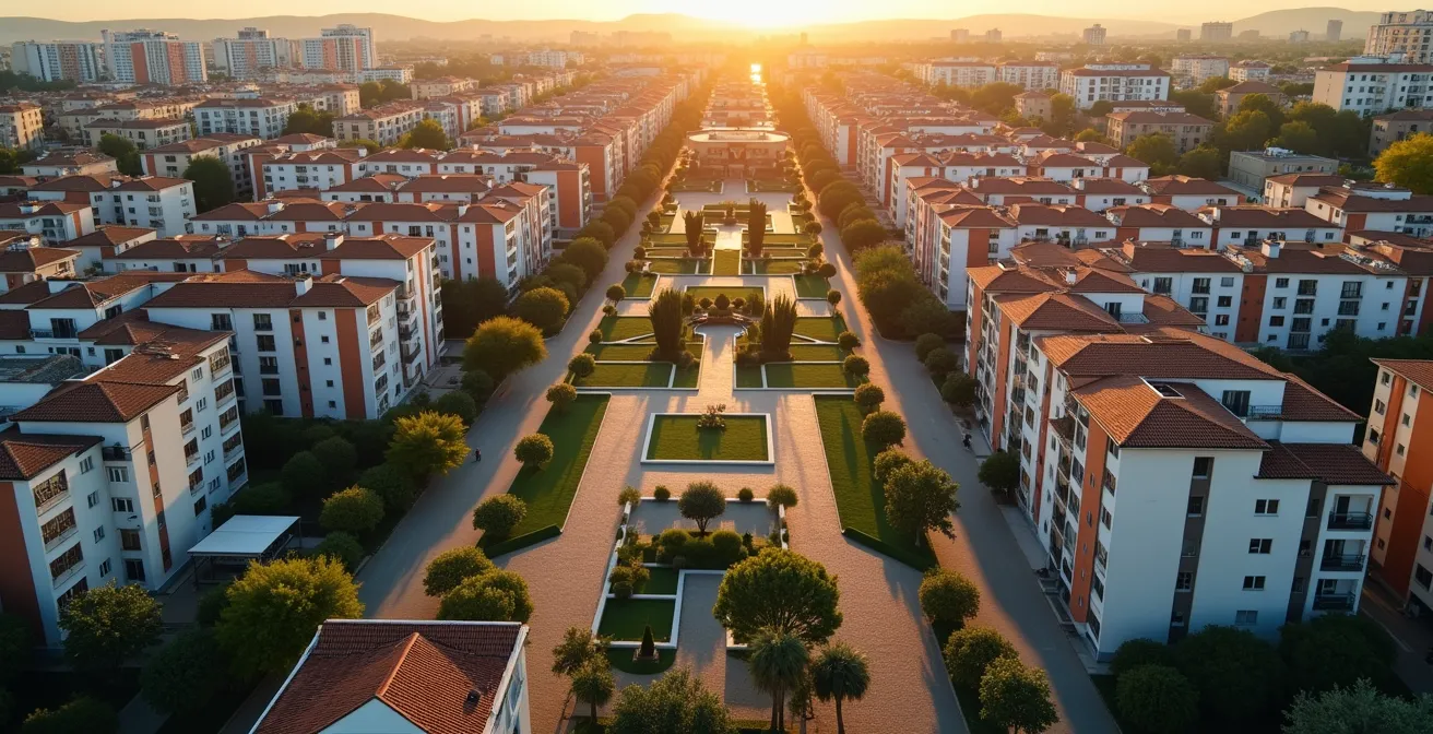 Vista aerea di quartiere urbano rigenerato con mix di edifici residenziali e servizi