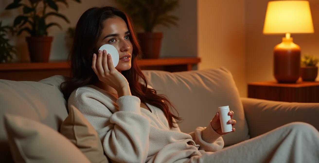 Donna italiana rilassata sul divano che applica un prodotto skincare con cotone riutilizzabile