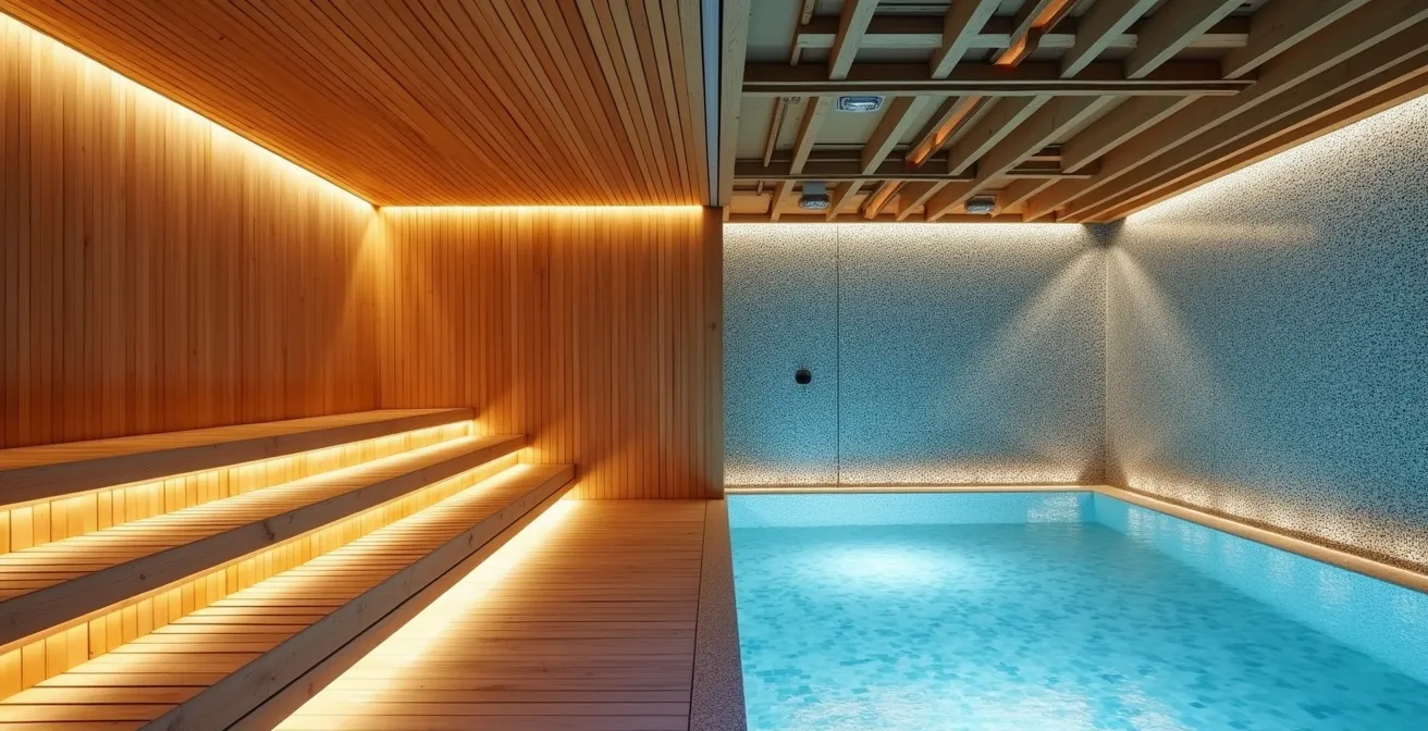 Vista laterale di ambiente termale italiano con sauna finlandese e bagno turco affiancati