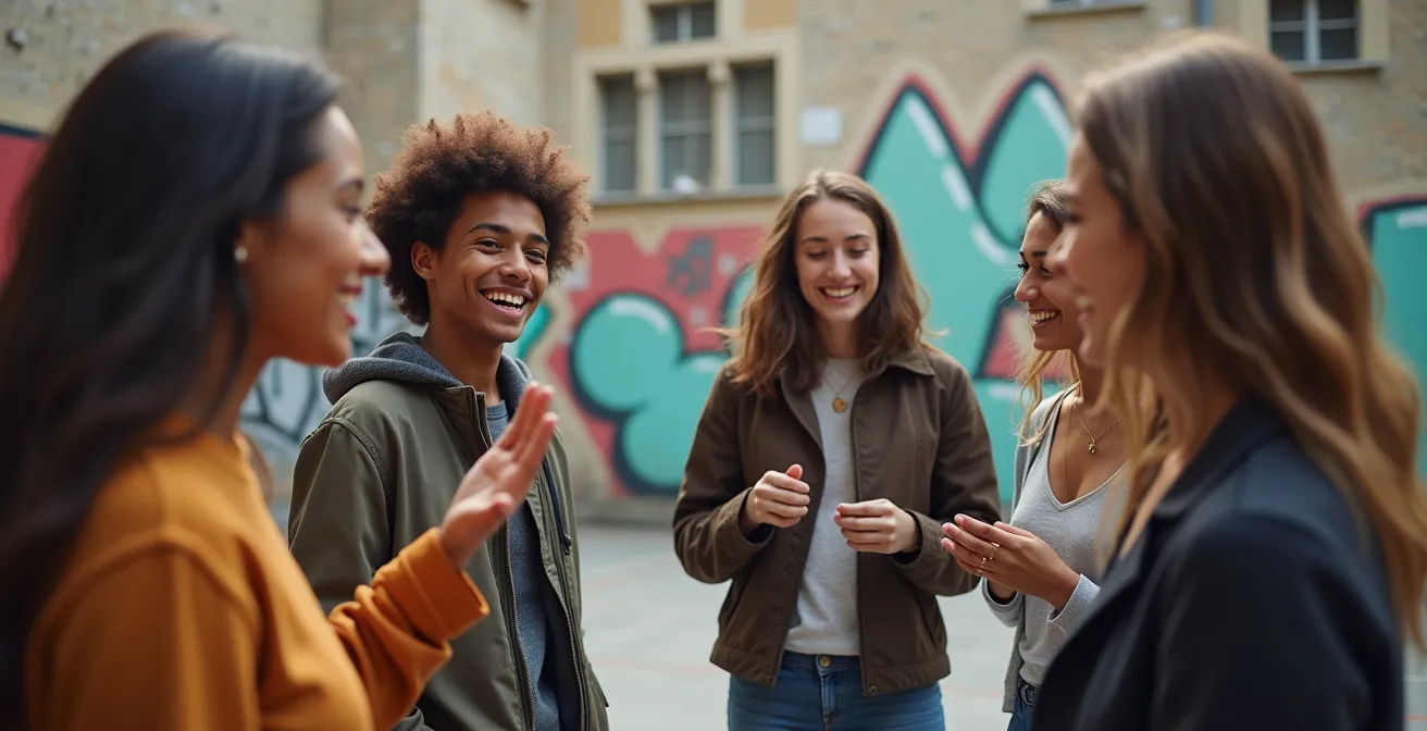 Giovani di diverse origini che comunicano in un cortile urbano italiano