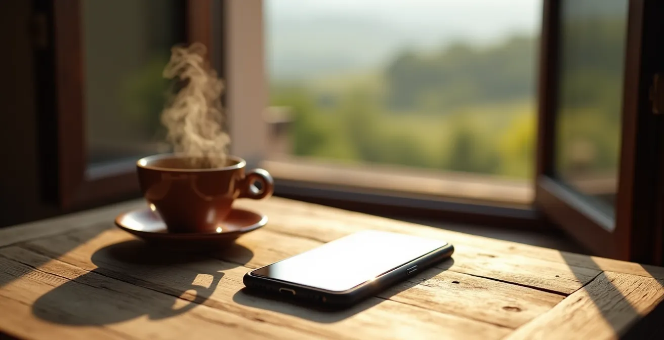 Smartphone capovolto su tavolo di legno accanto a tazza di tè, ambiente casalingo rilassante