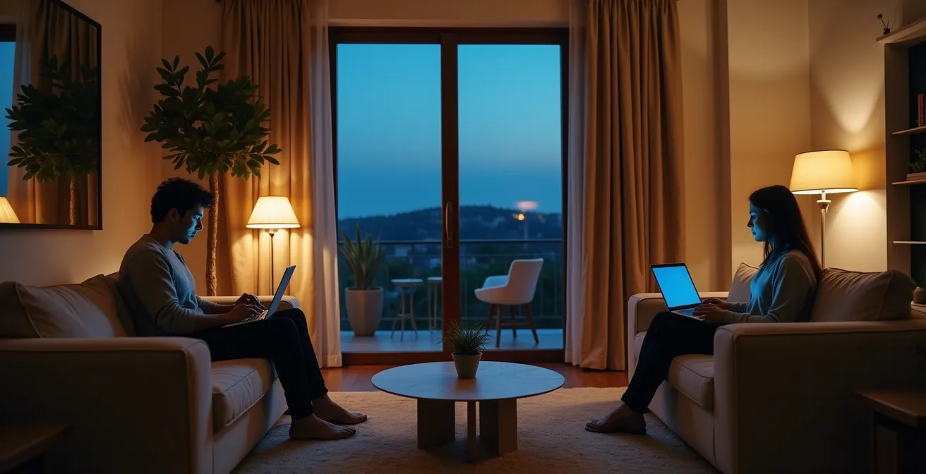 Riflesso speculare di un genitore al computer e un figlio al telefono, a simboleggiare la mancanza di coerenza educativa.