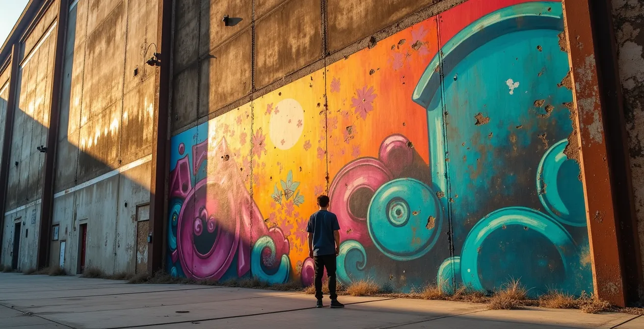 Vista ampia di un grande murales colorato su edificio industriale nel quartiere Ostiense