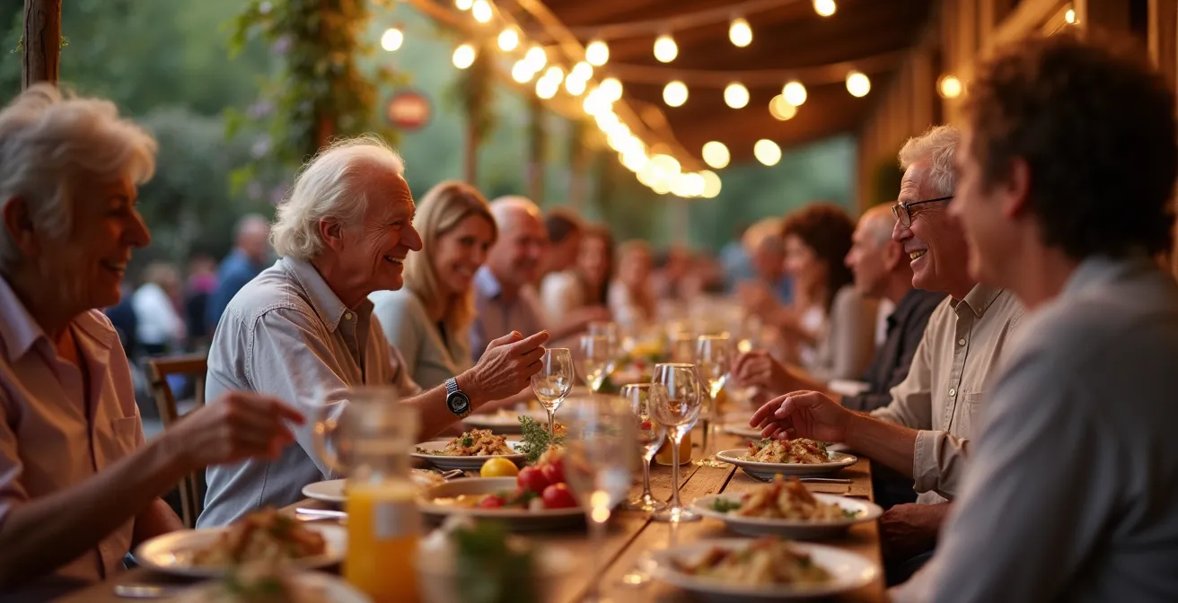 Tavolata conviviale durante una sagra con persone di diverse età che condividono cibo tradizionale