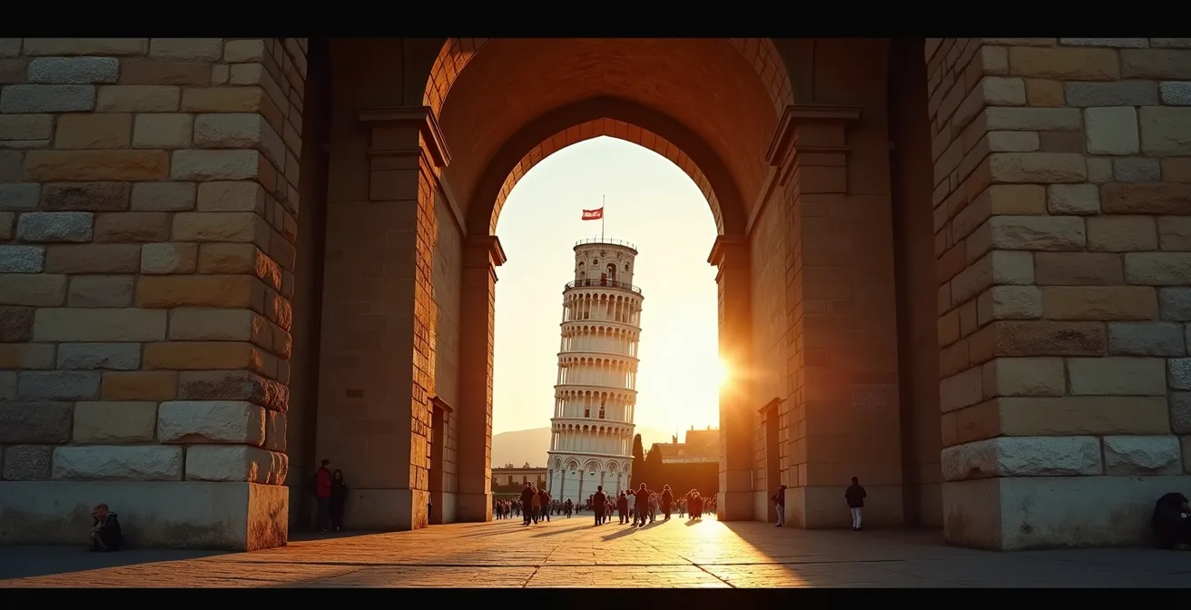 Vista della Torre di Pisa attraverso un arco architettonico antico
