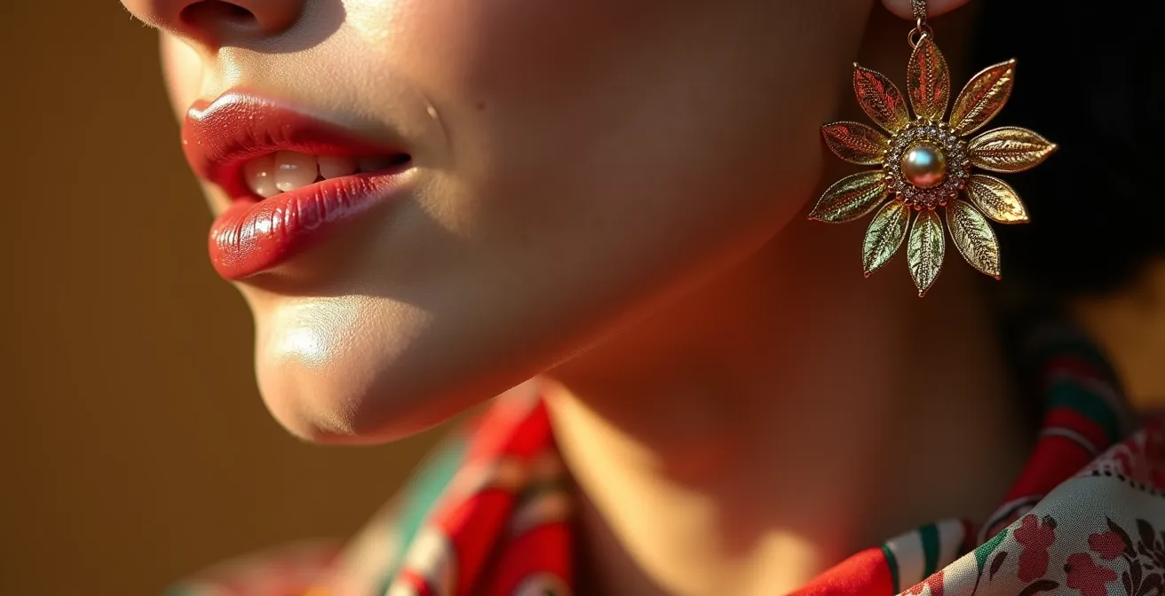 Dettaglio ravvicinato di orecchini eleganti e foulard colorato che trasformano un look semplice