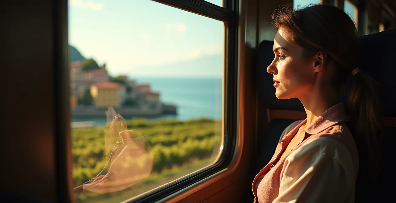 Vista dal finestrino di un treno regionale sui vigneti terrazzati delle Cinque Terre