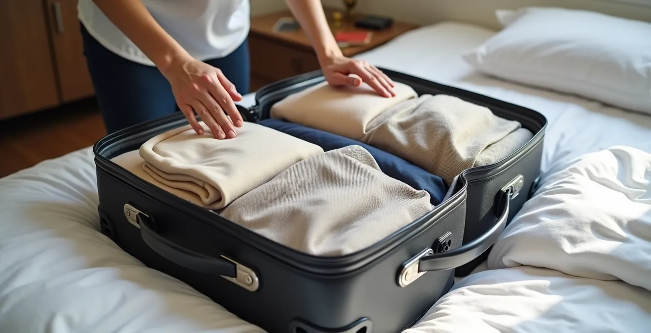 Valigia aperta con vestiti organizzati in cubi da viaggio