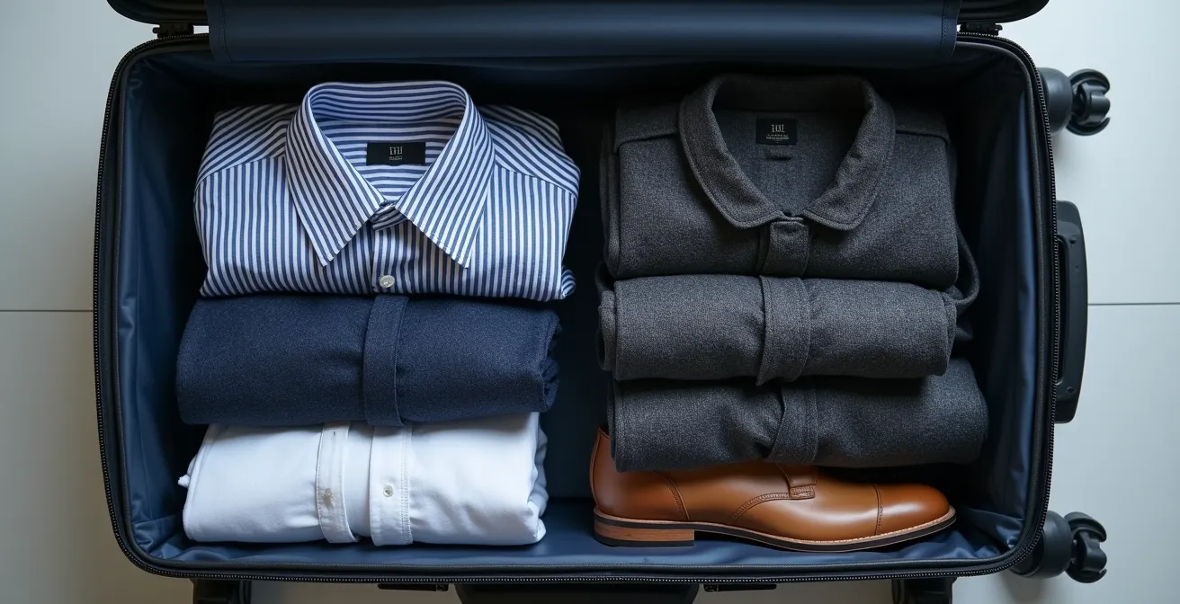 Trolley aperto con abiti business casual piegati ordinatamente in compartimenti