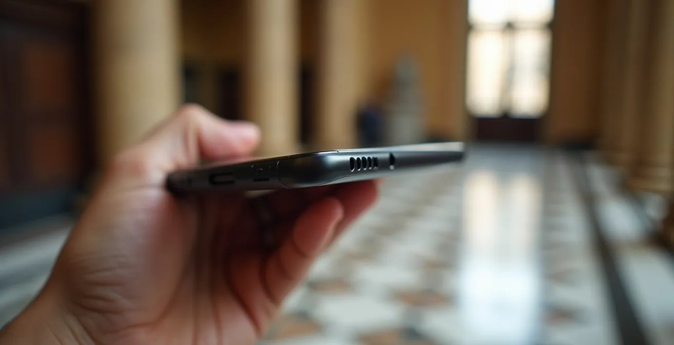 Mano che tiene uno smartphone mostrando una mappa museale dall'angolazione posteriore